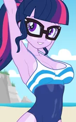 Size: 1317x2100 | Tagged: suggestive, anonymous artist, derpibooru import, sci-twi, twilight sparkle, equestria girls, equestria girls series, armpits, arms in the air, beach, breasts, busty sci-twi, busty twilight sparkle, cliff, clothes, cloud, cropped, erect nipples, female, geode of telekinesis, glasses, grin, looking at you, magical geodes, nipple outline, ocean, one-piece swimsuit, sexy, shiny, sideboob, smiling, solo, solo female, swimsuit