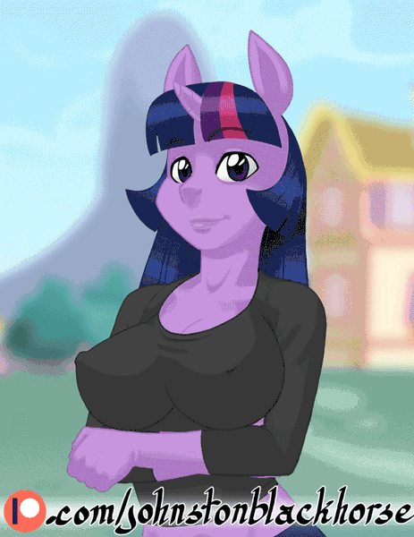 Size: 638x826 | Tagged: animated, anthro, artist:bhawk, big breasts, bouncing, bouncing breasts, breasts, busty twilight sparkle, clothes, derpibooru import, erect nipples, female, jiggle, looking at you, nipple outline, patreon, patreon logo, solo, solo female, suggestive, twilight sparkle