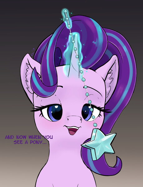 Size: 1615x2114 | Tagged: safe, artist:xbi, derpibooru import, starlight glimmer, pony, unicorn, starlight the hypnotist, spoiler:interseason shorts, bust, ear fluff, glowing horn, gradient background, horn, hypnosis, looking at you, magic, pendulum swing, solo, speech, stars, talking, telekinesis