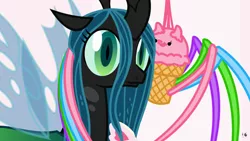 Size: 1920x1080 | Tagged: safe, artist:mixermike622, derpibooru import, queen chrysalis, oc, changeling, changeling queen, spider, animal, confused, eyelashes, female, fluffle puff tales, food, frown, hug, ice cream, ice cream cone, my little foody, simple background, smiling, :t, wat, white background, wide eyes
