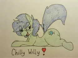 Size: 3984x2988 | Tagged: suggestive, artist:tracerpainter, derpibooru import, oc, oc:chilly willy, pony, backbend, butt, lying down, male, plot, solo, solo male, spread legs, spreading, traditional art