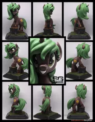 Size: 2132x2718 | Tagged: safe, artist:prodius, derpibooru import, oc, oc:pine shine, unofficial characters only, pony, unicorn, boots, both cutie marks, clothes, craft, female, figurine, grass, hiking boots, image, irl, jpeg, photo, sculpey, sculpture, shoes, show accurate, smiling, solo, traditional art, tree stump