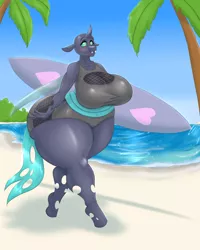 Size: 2400x3000 | Tagged: anthro, artist:blues64, artist:marauder6272, beach, big breasts, blue changeling, breasts, changeling, changeling oc, clothes, derpibooru import, extra thicc, female, high res, huge breasts, impossibly wide hips, oc, ocean, oc:sektiss, plump, sand, smiling, solo, solo female, suggestive, surfboard, the ass was fat, thick, thighs, thunder thighs, unguligrade anthro, wide hips