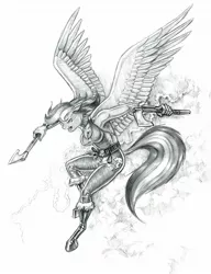 Size: 1000x1300 | Tagged: anthro, artist:baron engel, axe, battle axe, belt, boots, breasts, busty rainbow dash, cleavage, clothes, crossover, cutie mark, cutie mark on clothes, derpibooru import, dual wield, dungeons and dragons, fantasy class, female, flying, grayscale, landing, mare, monochrome, open mouth, pants, pegasus, pen and paper rpg, pencil drawing, rainbow dash, rpg, safe, shoes, simple background, solo, tanktop, traditional art, unguligrade anthro, weapon, white background