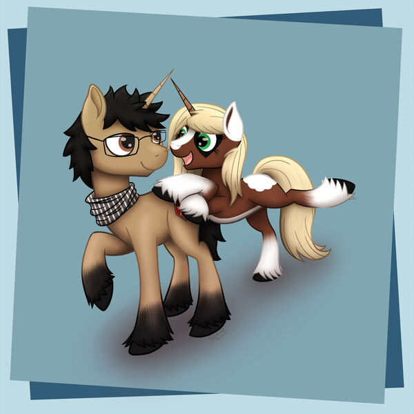 Size: 1600x1600 | Tagged: safe, artist:serenepony, deleted from derpibooru, derpibooru import, oc, pony, unicorn, blank flank, couple, female, glasses, looking at each other, male, mare, pose, raised hoof, simple background, smiling, stallion, tube scarf, unshorn fetlocks