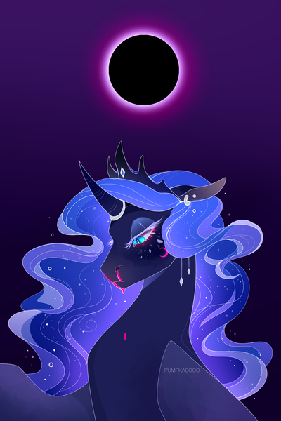 Size: 2000x3000 | Tagged: semi-grimdark, artist:pumpkabooo, derpibooru import, nightmare moon, pony, alternate costumes, alternate design, beautiful, bleeding, blood, ear piercing, earring, eclipse, eyeshadow, flowing mane, freckles, horn, horn ring, jewelry, looking down, makeup, missing accessory, nosebleed, piercing, regalia, ring, signature, slit eyes, solo, sparkles