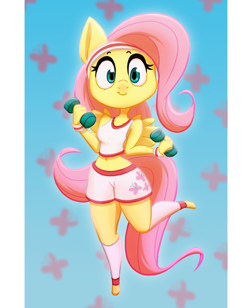 Size: 1447x1768 | Tagged: anthro, artist:ikarooz, belly button, clothes, cute, cutie mark background, derpibooru import, dumbbells, exercise, female, fluttershy, headband, looking at you, mare, midriff, pegasus, safe, shorts, shyabetes, smiling, solo, spread wings, :t, wings, workout outfit, wristband