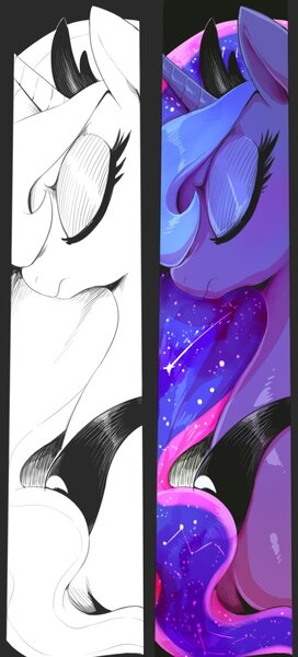 Size: 815x1800 | Tagged: safe, artist:sunibee, derpibooru import, princess luna, alicorn, pony, bust, crown, eyes closed, eyeshadow, female, jewelry, makeup, mare, peytral, regalia, solo