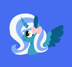 Size: 310x287 | Tagged: safe, artist:heartpawphoenix, derpibooru import, oc, oc:fleurbelle, alicorn, pony, alicorn oc, blue background, bow, bust, cute, happy, horn, pink ribbon, simple background, smiling, sweet, wings, yellow eyes