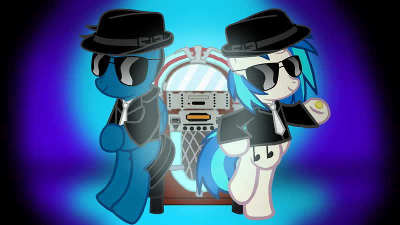 Size: 3840x2160 | Tagged: safe, artist:agkandphotomaker2000, derpibooru import, vinyl scratch, oc, oc:pony video maker, pony, bit, blues brothers, canon x oc, coin, female, jukebox, male, pop culture, reference, shipping, straight, tack, videoscratch