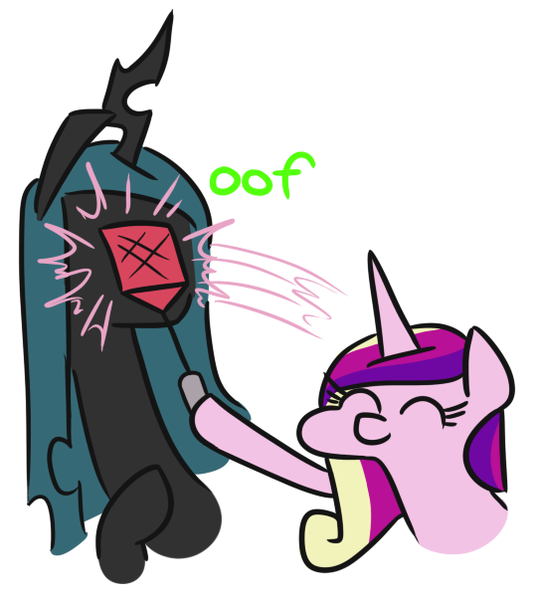 Size: 538x603 | Tagged: safe, artist:jargon scott, derpibooru import, princess cadance, queen chrysalis, alicorn, changeling, changeling queen, pony, abuse, bugs doing bug things, c:, chrysabuse, eyes closed, female, flyswatter, hoof hold, mare, oof, punishment, simple background, smiling, white background