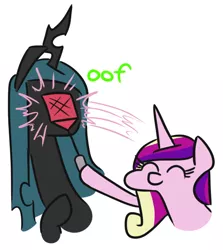 Size: 538x603 | Tagged: safe, artist:jargon scott, derpibooru import, princess cadance, queen chrysalis, alicorn, changeling, changeling queen, pony, abuse, bugs doing bug things, c:, chrysabuse, eyes closed, female, flyswatter, hoof hold, mare, oof, punishment, simple background, smiling, white background