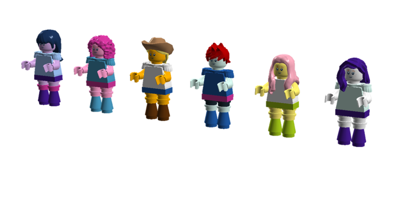 Size: 1024x508 | Tagged: safe, artist:sonicthedashie, derpibooru import, applejack, fluttershy, pinkie pie, rainbow dash, rarity, sci-twi, twilight sparkle, equestria girls, 3d, humane five, humane six, lego, lego digital designer, minifig