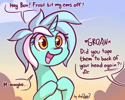 Size: 640x512 | Tagged: safe, artist:dsp2003, derpibooru import, bon bon, lyra heartstrings, sweetie drops, pony, unicorn, bon bon is not amused, comic, cross-popping veins, cute, exclamation point, female, interrobang, irrational exuberance, l.u.l.s., lyrabetes, mare, no ears, offscreen character, open mouth, question mark, silly, silly pony, single panel, smiling, unamused, why
