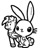 Size: 166x200 | Tagged: safe, artist:crazyperson, derpibooru import, angel bunny, pony, rabbit, unicorn, fallout equestria, fallout equestria: commonwealth, fanfic, animal, black and white, clothes, duo, fanfic art, generic pony, grayscale, hooves, horn, male, monochrome, picture for breezies, simple background, solo, stallion, transparent background, vault suit