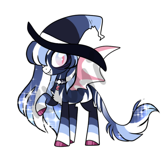 Size: 660x626 | Tagged: safe, artist:kyumiku, derpibooru import, oc, unofficial characters only, bat pony, pony, adoptable, auction, base used, bat pony oc, bat wings, blue, clothes, colored hooves, crescent moon, hat, leonine tail, long hair, moon, simple background, slit eyes, socks, solo, sparkles, transparent background, wings, witch hat