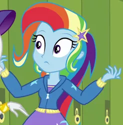 Size: 1004x1019 | Tagged: safe, derpibooru import, screencap, rarity, trixie, best trends forever, equestria girls, equestria girls series, :c, best trends forever: rainbow dash, canterlot high, choose rainbow dash, clothes, cropped, cute, diatrixes, frown, hallway, hoodie, implied rainbow dash, lockers, multicolored hair, offscreen character, rainbow hair, shrunken pupils, solo focus, wide eyes