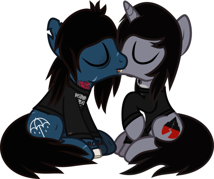 Size: 1408x1181 | Tagged: suggestive, artist:lightningbolt, derpibooru import, ponified, ponified:kellin quinn, ponified:oliver sykes, earth pony, pony, undead, unicorn, zombie, zombie pony, .svg available, bags under eyes, blood, blood stains, bone, bring me the horizon, clothes, disguise, disguised siren, drool, drop dead clothing, eyes closed, fangs, french kiss, gay, horn, jewelry, kissing, lip piercing, long sleeves, male, necklace, open mouth, piercing, raised hoof, scar, shipping, shirt, simple background, sitting, sleeping with sirens, stallion, stitches, svg, tattoo, tongue out, transparent background, vector