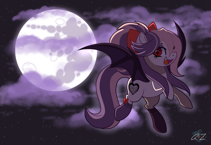 Size: 2952x2031 | Tagged: safe, artist:iheartjapan789, derpibooru import, oc, oc:sweet velvet, unofficial characters only, bat pony, pony, bat pony oc, bat wings, clothes, cloud, cute, flying, full moon, mare in the moon, moon, night, ocbetes, open mouth, sky, socks, stars, wings