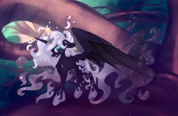 Size: 2000x1312 | Tagged: safe, artist:mysteriousshine, derpibooru import, princess luna, alicorn, bat pony, bat pony alicorn, pony, alternate design, alternate hairstyle, angry, bat wings, ethereal mane, female, floppy ears, g4 to g5, g5, glare, horn, horn jewelry, horn ring, hybrid wings, jewelry, looking at you, mare, nightmare luna, princess luna (g5), ring, slit eyes, solo, starry mane, tree, wing fluff, wings, yggdrasil