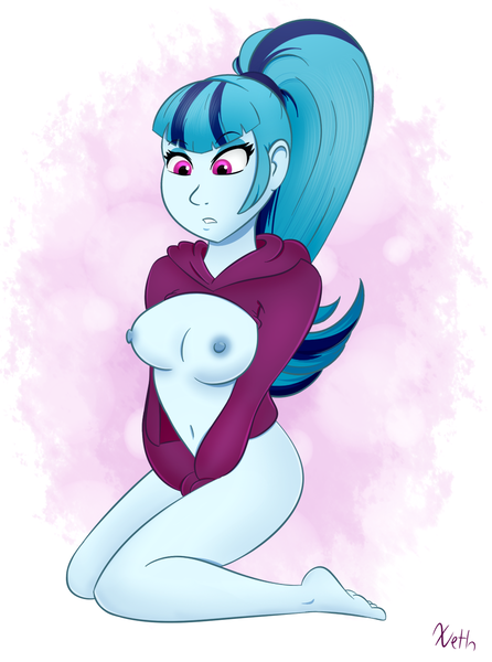 Size: 992x1336 | Tagged: questionable, artist:xethshade, derpibooru import, sonata dusk, equestria girls, breasts, clothes, female, hoodie, nipples, nudity, open-chest hoodie, solo, solo female