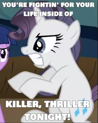 Size: 751x938 | Tagged: safe, derpibooru import, edit, edited screencap, editor:didgereethebrony, screencap, rarity, pony, the return of harmony, angry, bipedal, caption, cropped, cutie mark, discorded, image macro, text, thriller