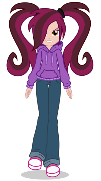 Size: 2700x4850 | Tagged: safe, artist:razethebeast, derpibooru import, oc, oc:scarlett, unofficial characters only, succubus, equestria girls, clothes, female, hair over one eye, hoodie, looking at you, pants, simple background, smiling, solo, transparent background