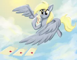 Size: 3300x2550 | Tagged: safe, artist:pegaplex, derpibooru import, derpy hooves, pony, assassin, cloud, female, flying, hoof hold, letter, mail, mailmare, mare, sky, solo, sun, throwing, wing hands, wings