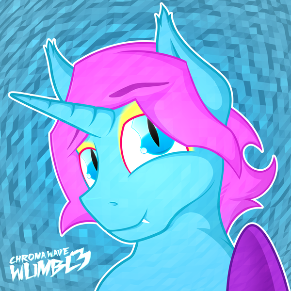 Size: 3774x3773 | Tagged: safe, artist:wumbl3, derpibooru import, oc, oc:chroma wave, alicorn, bat pony, bat pony alicorn, pony, bat pony oc, bat wings, bust, eyeshadow, fangs, horn, looking at you, makeup, male, smiling, solo, wings