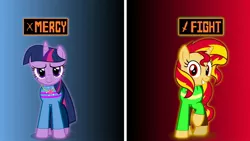 Size: 1920x1080 | Tagged: safe, derpibooru import, sunset shimmer, twilight sparkle, pony, chara, charaset, frisk, twilight friskle, undertale