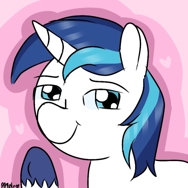 Size: 768x768 | Tagged: safe, artist:parn, derpibooru import, shining armor, pony, unicorn, lidded eyes, looking at you, male, simple background, smiley face, smiling, smug, stallion