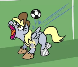 Size: 608x524 | Tagged: safe, artist:jargon scott, derpibooru import, derpy hooves, pegasus, pony, 4chan cup, female, football, goalkeeper, horses doing horse things, image, mare, missing cutie mark, open mouth, paper bag, png, safest hooves, solo, sports, tongue out