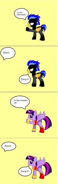 Size: 830x2605 | Tagged: safe, artist:rogueheart101, derpibooru import, flash sentry, twilight sparkle, twilight sparkle (alicorn), alicorn, pony, pony creator, batman, clothes, comic, cosplay, costume, crossover, dialogue, lego, simple background, speech bubble, the lego movie, wonder woman, yellow background