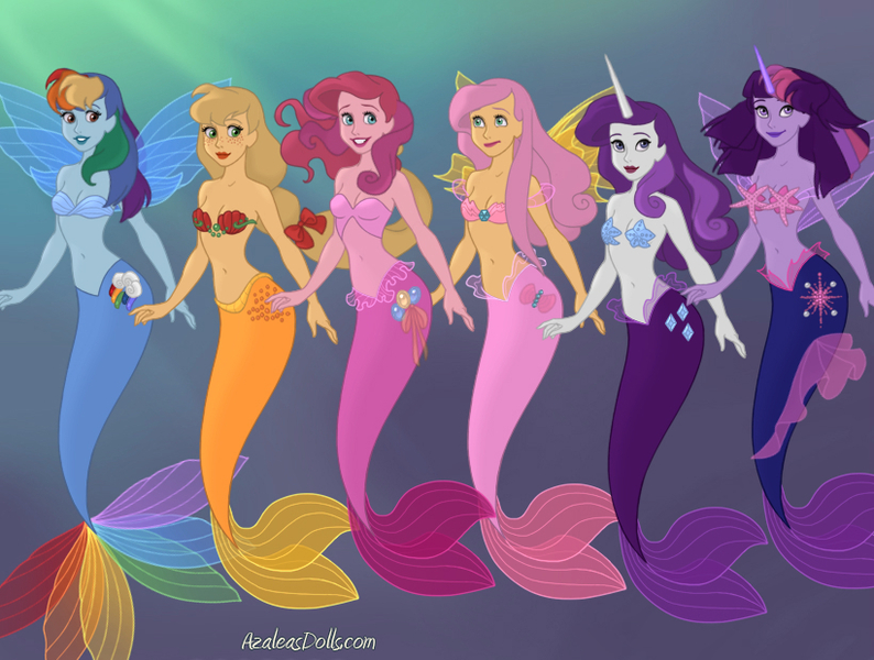 Size: 820x620 | Tagged: safe, artist:azaleasdolls, artist:minicarly, derpibooru import, applejack, fluttershy, pinkie pie, rainbow dash, rarity, twilight sparkle, twilight sparkle (alicorn), alicorn, human, mermaid, equestria girls, clothes, crossover, cutie mark on human, disney, disney style, fin wings, fins, hasbro, hasbro studios, image, jpeg, mane six, mermaid maker, mermaid princess, mermaid tail, mermaidized, mermarity, rainbow tail, seashell bra, species swap, tail, the little mermaid, watershy, wings