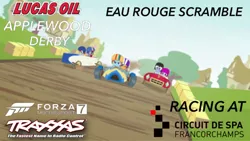 Size: 750x422 | Tagged: safe, derpibooru import, rainbow dash, scootaloo, pony, fanfic:equestria motorsports, the cart before the ponies, applewood, circuit de spa francorchamps, derby racers, driving, eau rouge, fanfiction idea, forza motorsport 7, hay bale, lucas oil, lucas oil applewood derby, ponyville, poster board, race track, racing, traxxas