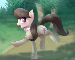 Size: 2237x1792 | Tagged: safe, artist:puetsua, derpibooru import, octavia melody, earth pony, pony, balancing, chest fluff, cute, ear fluff, female, fluffy, happy, leg fluff, looking at you, mare, open mouth, outdoors, park, path, raised hoof, raised leg, running, smiling, solo, tavibetes, tree