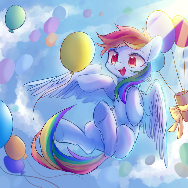 Size: 2000x2000 | Tagged: safe, artist:leafywind, derpibooru import, rainbow dash, pegasus, pony, balloon, cloud, colored pupils, crepuscular rays, cute, dashabetes, female, flying, mare, open mouth, present, ribbon, sky, smiling, solo, spread wings, starry eyes, underhoof, wingding eyes, wings