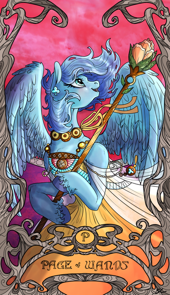 Size: 2088x3619 | Tagged: safe, artist:sourcherry, derpibooru import, oc, pegasus, pony, clothes, dress, female, flower, jewelry, mare, solo, tarot, tarot card, wand