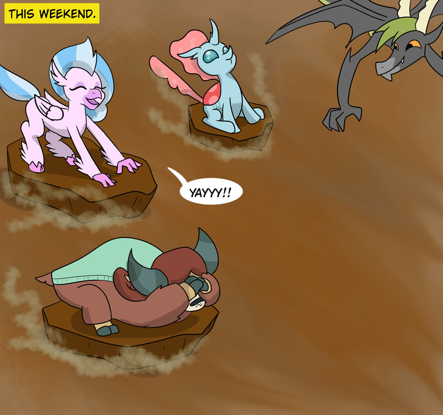 Size: 1952x1833 | Tagged: artist:chedx, changedling, changeling, classical hippogriff, comic, comic:the weekend wager, commission, cropped, derpibooru import, dragon, dragon lands, excited, female, gorge surfing, hippogriff, male, ocellus, safe, scared, shot, silverstream, yak, yona