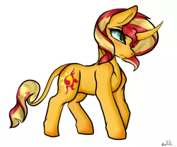 Size: 1200x1000 | Tagged: safe, artist:crazysurprise, derpibooru import, sunset shimmer, pony, unicorn, curved horn, female, horn, mare, simple background, solo, white background