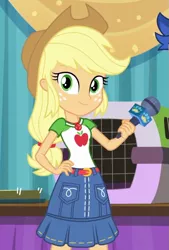 Size: 675x1000 | Tagged: safe, derpibooru import, screencap, applejack, flash sentry, best in show: the pre-show, equestria girls, equestria girls series, spoiler:eqg series (season 2), applejack's hat, belt, clothes, cowboy hat, cropped, denim skirt, freckles, geode of super strength, hat, magical geodes, microphone, offscreen character, skirt, smiling, stetson