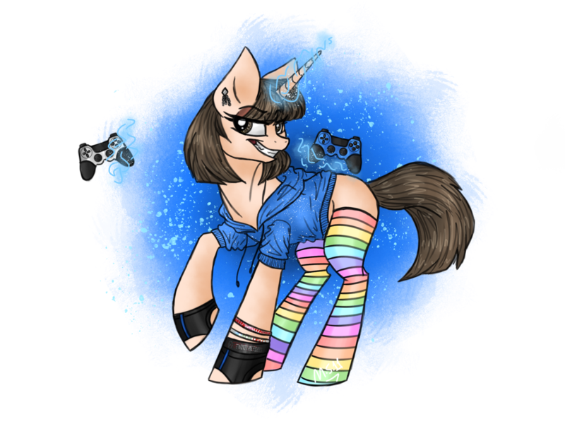 Size: 2048x1536 | Tagged: safe, artist:melonseed11, derpibooru import, oc, oc:nicole, unofficial characters only, pony, unicorn, clothes, controller, female, joystick, magic, mare, rainbow socks, socks, solo, striped socks