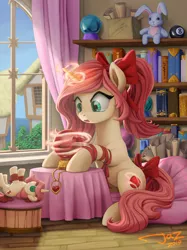 Size: 2000x2667 | Tagged: safe, artist:1jaz, derpibooru import, oc, oc:ruby aura, unofficial characters only, pony, unicorn, amulet, book, bookshelf, bow, commission, crystal ball, female, hair bow, indoors, jewelry, magic, mare, plushie, ribbon, shelf, solo, table, tail bow, window