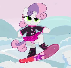 Size: 1766x1692 | Tagged: safe, artist:sallycars, derpibooru import, edit, editor:liggliluff, sweetie belle, pony, accidental exposure, bipedal, boots, clothes, jacket, midair, miniskirt, ms paint, panties, pink underwear, plaid skirt, pleated skirt, shoes, skirt, skirt flip, skirt lift, smiling, snow, snowboard, snowboarding, solo, underwear, upskirt