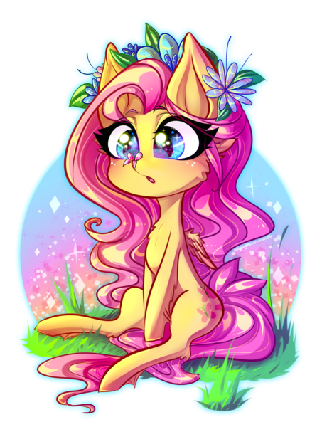 Size: 2893x3828 | Tagged: safe, artist:minamikoboyasy, derpibooru import, fluttershy, butterfly, pegasus, pony, cute, eyelashes, female, flower, flower in hair, grass, mare, open mouth, shyabetes, simple background, transparent background