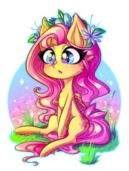 Size: 2893x3828 | Tagged: safe, artist:minamikoboyasy, derpibooru import, fluttershy, butterfly, pegasus, pony, cute, eyelashes, female, flower, flower in hair, grass, mare, open mouth, shyabetes, simple background, transparent background