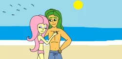 Size: 1429x684 | Tagged: safe, artist:syfyman2xxx, derpibooru import, fluttershy, sandalwood, equestria girls, belly button, bikini, clothes, female, male, midriff, pink swimsuit, sandalshy, shipping, straight, swimsuit