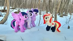 Size: 2048x1152 | Tagged: safe, artist:hihin1993, derpibooru import, twilight sparkle, twilight sparkle (alicorn), oc, oc:poniko, alicorn, pony, forest, irl, japan, multeity, photo, plushie, snow, sparkle sparkle sparkle, translation request, triality, trio