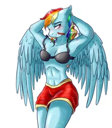 Size: 1400x1600 | Tagged: anthro, arm behind head, armpits, artist:lorenz3, artist:notaletolivefor, blushing, bra, breasts, brushing, brushing teeth, clothes, derpibooru import, female, muscles, muscular female, pegasus, rainbow dash, shorts, simple background, suggestive, sweat, underwear, white background