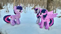 Size: 2048x1152 | Tagged: safe, artist:hihin1993, derpibooru import, twilight sparkle, twilight sparkle (alicorn), alicorn, pony, forest, irl, japan, multeity, photo, plushie, snow, solo, sparkle sparkle sparkle, triality, trio